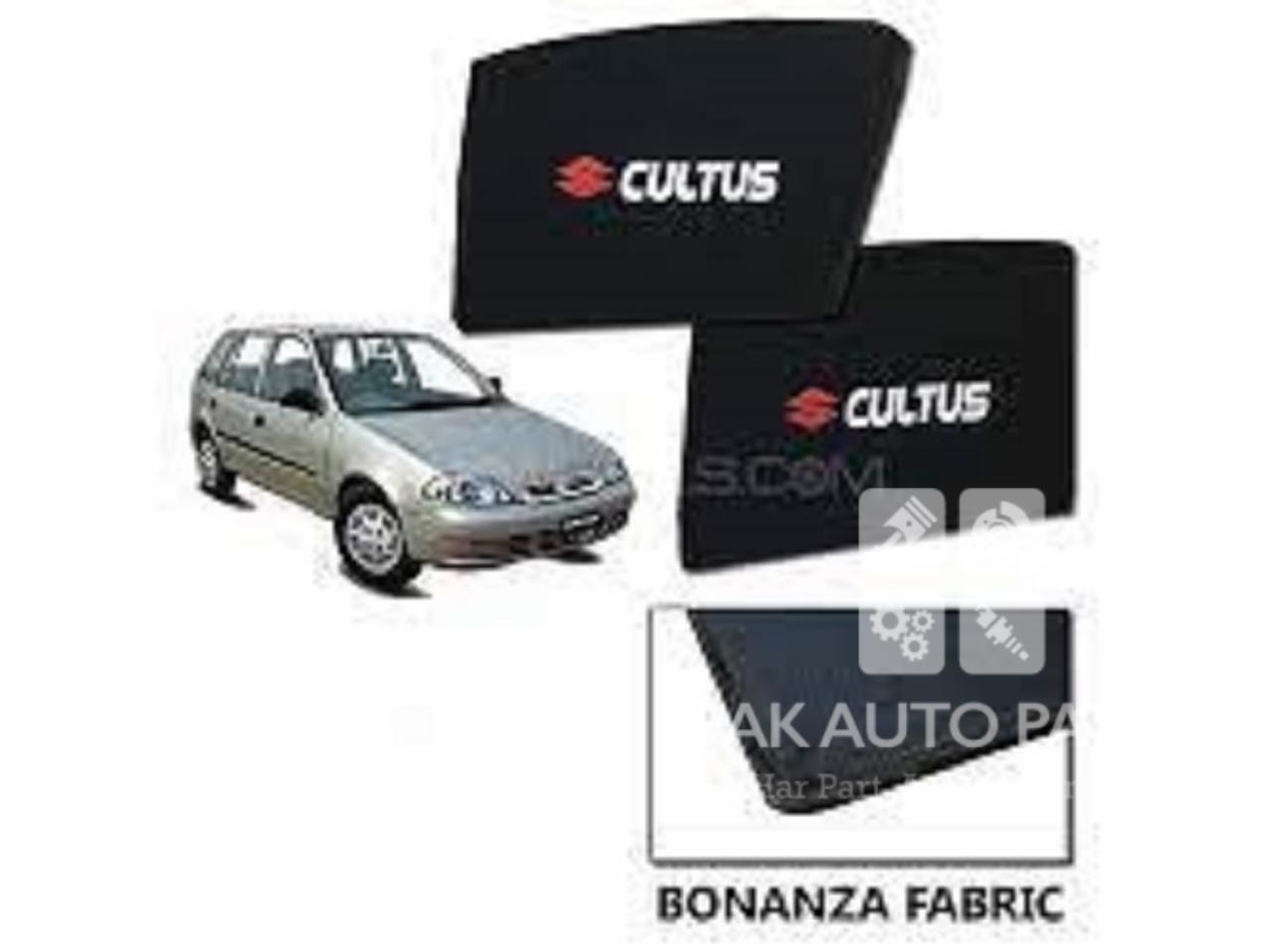 Picture of Suzuki Cultus 2001-2015 Sun Shades Car Windows Curtains 4 pieces With Cultus Logo | Fold-able | Jet Black